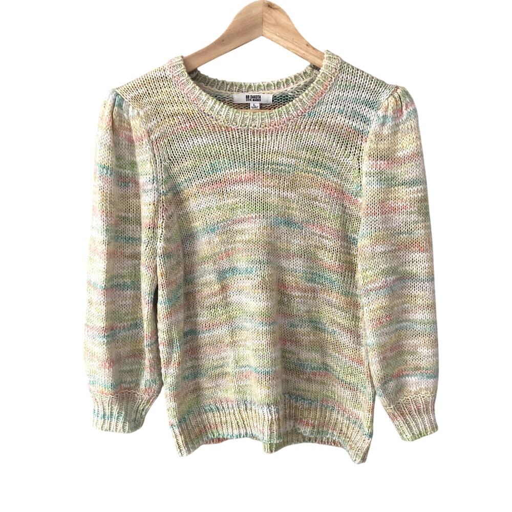 BB Dakota Sweet Tooth Pastel Rainbow Stripe Puff Sleeve Sweater Large
